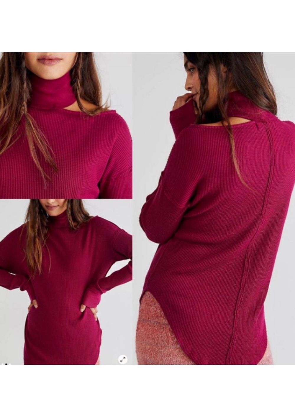 ☀️3/$25 Free People Just For You Cutout Shoulder Mock Neck Thermal Top Wine xl